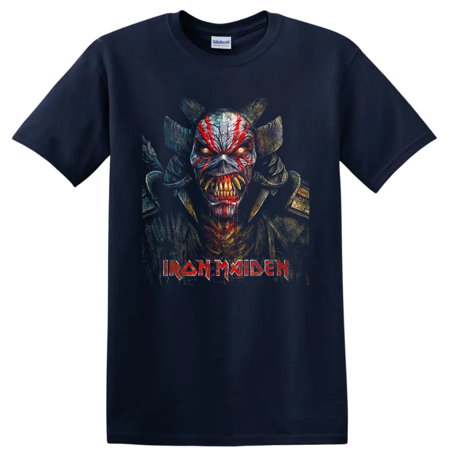 Iron Maiden Eddie horned warrior graphic with glowing eyes and band logo on a Navy (Blue) T Shirt