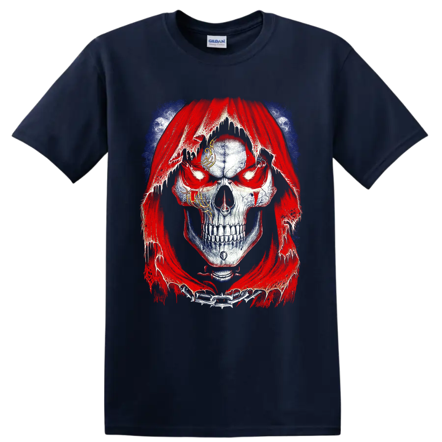 Distressed gothic skull in a tattered red hood with chains and blue accents on a Navy (Blue) T Shirt
