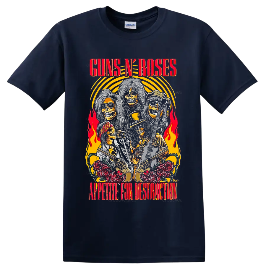 Guns N' Roses Appetite for Destruction skeleton band graphic with guitars, roses and on a Navy (Blue) T Shirt