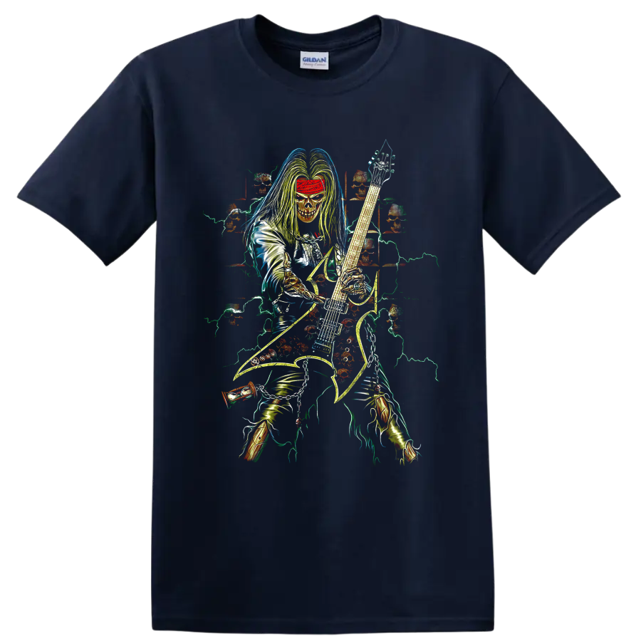 Dimebag Darrell-inspired skeletal guitarist with electric guitar and lightning artwork on a Navy (Blue) T Shirt