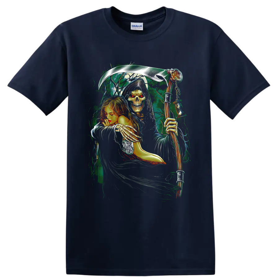 Gothic Grim Reaper holding a woman with a skull, red hair, and scythe on a Navy (Blue) T Shirt