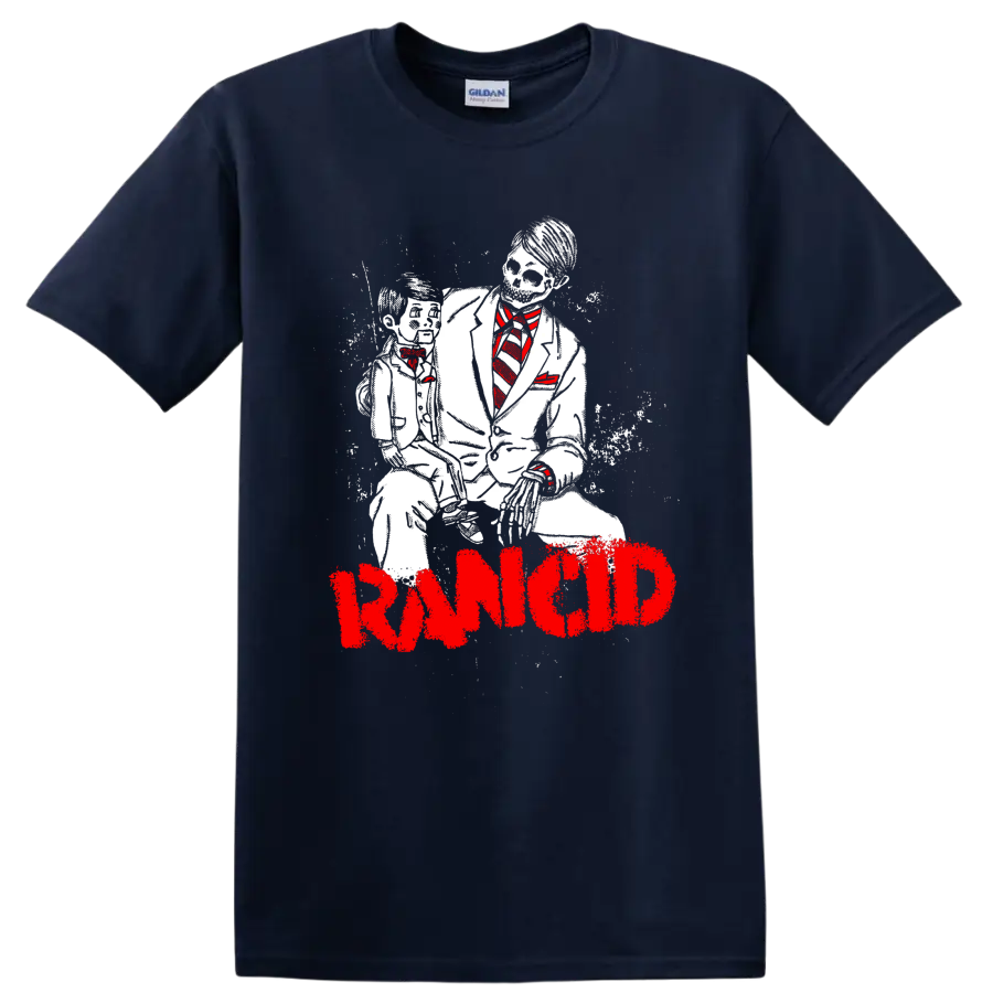 Rancid suited skeleton duo illustration with red tie accents and distressed logo on a Navy (Blue) T Shirt
