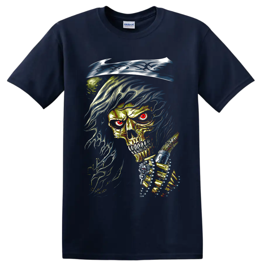 Fiery gothic skull with sweeping blue flame-like dark art illustration on a Navy (Blue) T Shirt