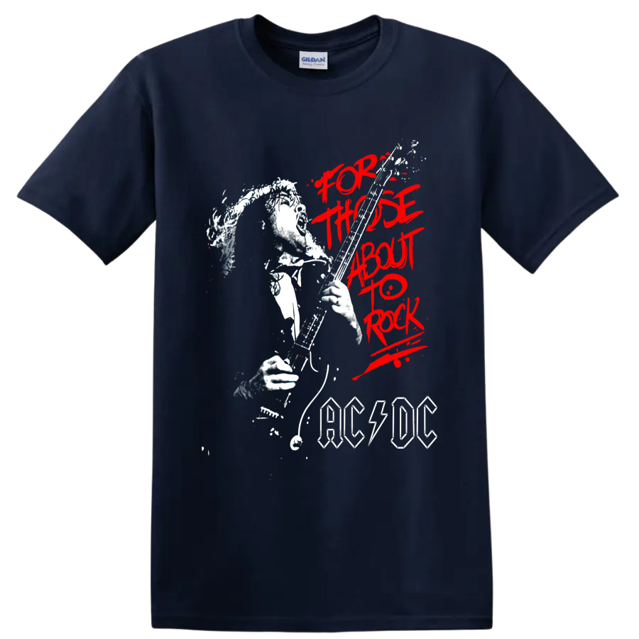 Angus Young guitar illustration with red For Those About to Rock text and AC/DC logo on a Navy (Blue) T Shirt