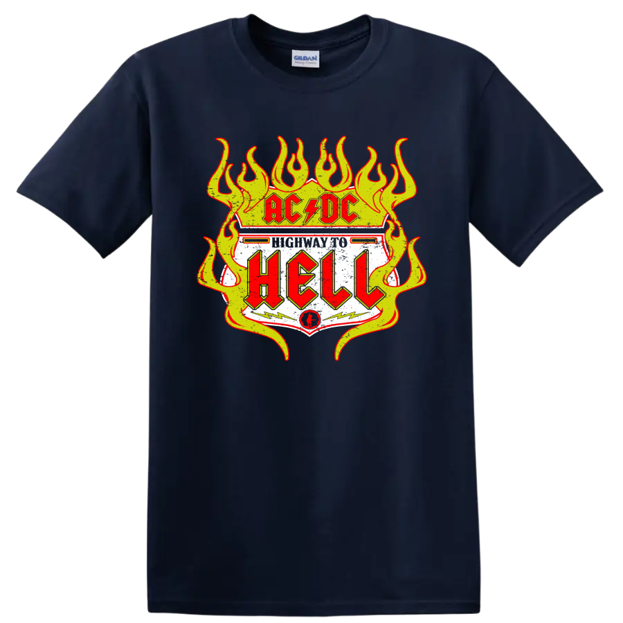 AC/DC Highway to Hell distressed road sign graphic with yellow flames and red lettering on a Navy (Blue) T Shirt