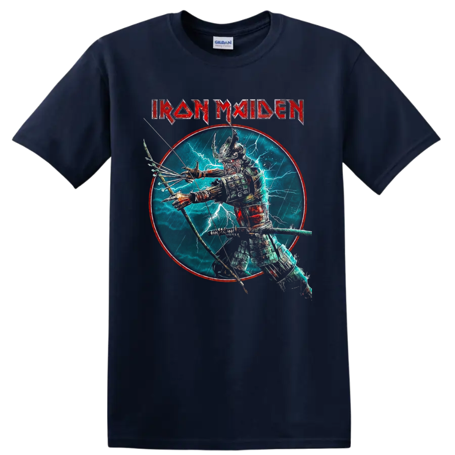 Iron Maiden Eddie the Head samurai archer graphic with lightning and band logo on a Navy (Blue) T Shirt
