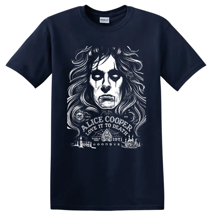 Alice Cooper Love It to Death gothic face illustration with occult symbols and candles on a Navy (Blue) T Shirt