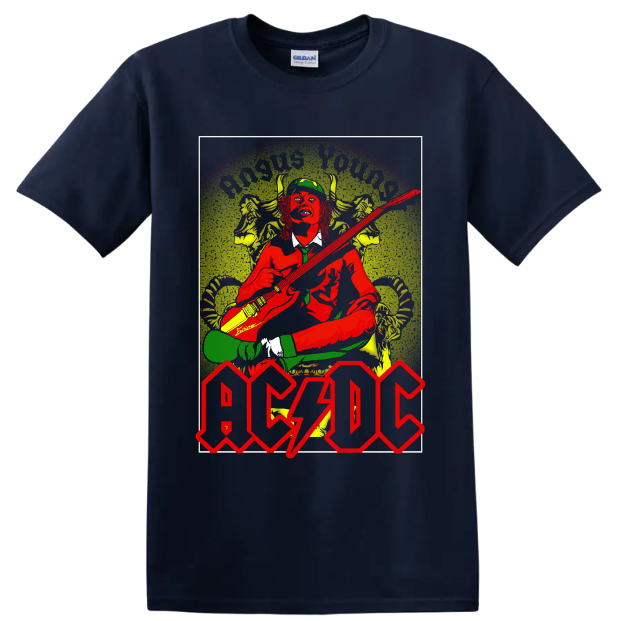 Angus Young guitar performance in distressed AC/DC vintage rock-poster artwork on a Navy (Blue) T Shirt