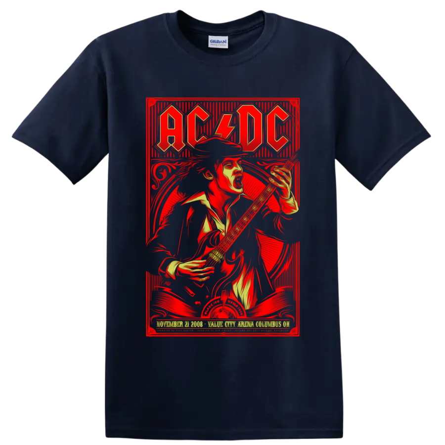 AC/DC Black Ice World Tour poster art with Angus Young playing electric guitar on a Navy (Blue) T Shirt