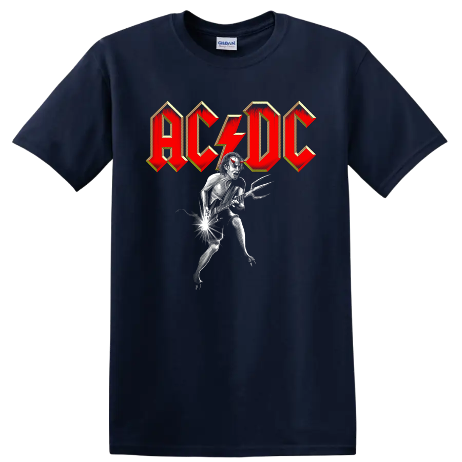 AC/DC logo with a monochrome devil guitarist and electric guitar graphic on a Navy (Blue) T Shirt