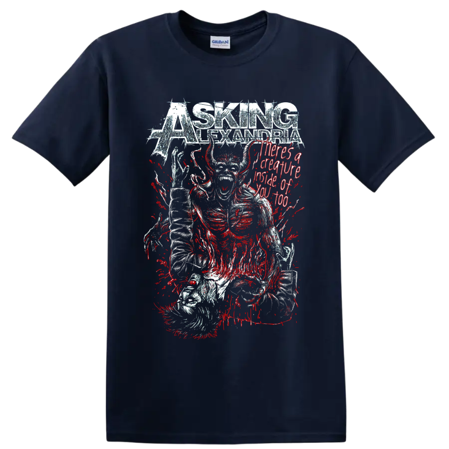Asking Alexandria horned creature horror graphic with red splatter and distressed on a Navy (Blue) T Shirt