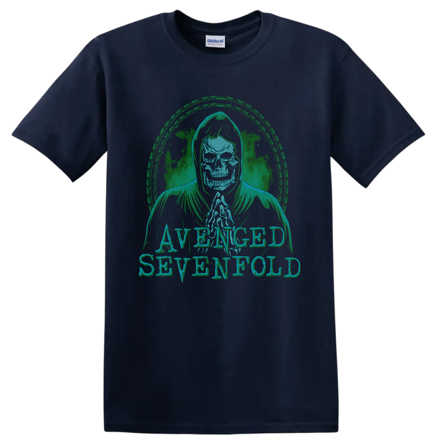 Avenged Sevenfold hooded skull Deathbat-inspired distressed rock graphic on a Navy (Blue) T Shirt