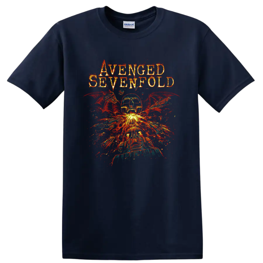 Avenged Sevenfold Deathbat skull with wings and fiery distressed explosion graphic on a Navy (Blue) T Shirt