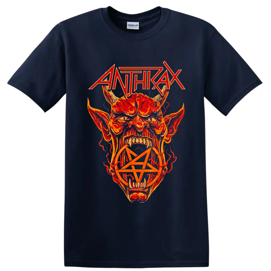 Anthrax logo above fiery horned demon artwork with a pentagram on a Navy (Blue) T Shirt