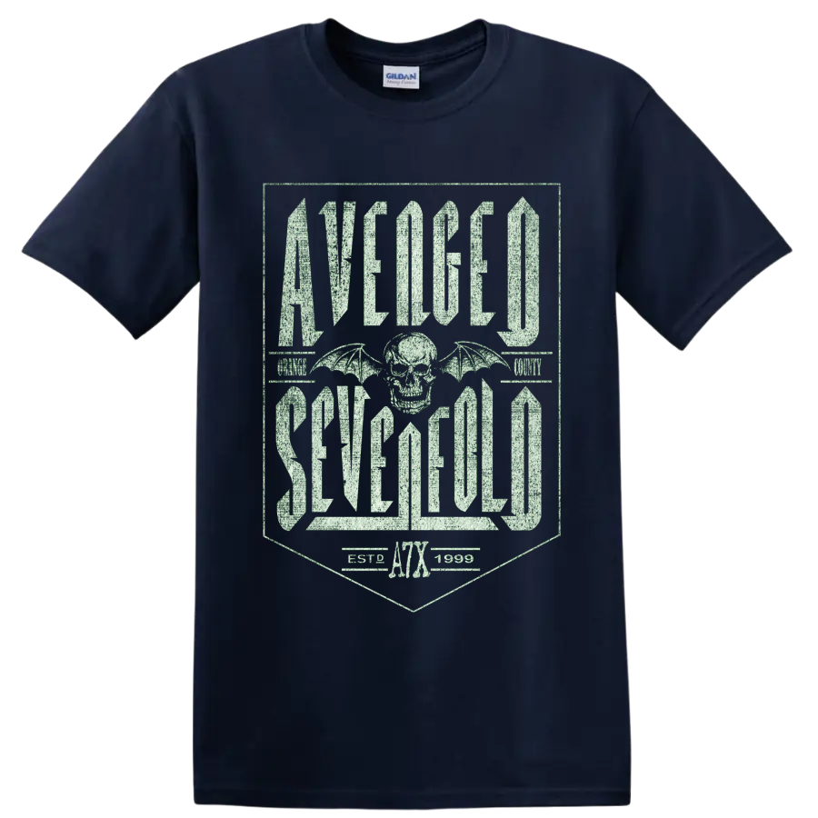 Avenged Sevenfold Deathbat skull and wings with distressed gothic lettering and A7X on a Navy (Blue) T Shirt