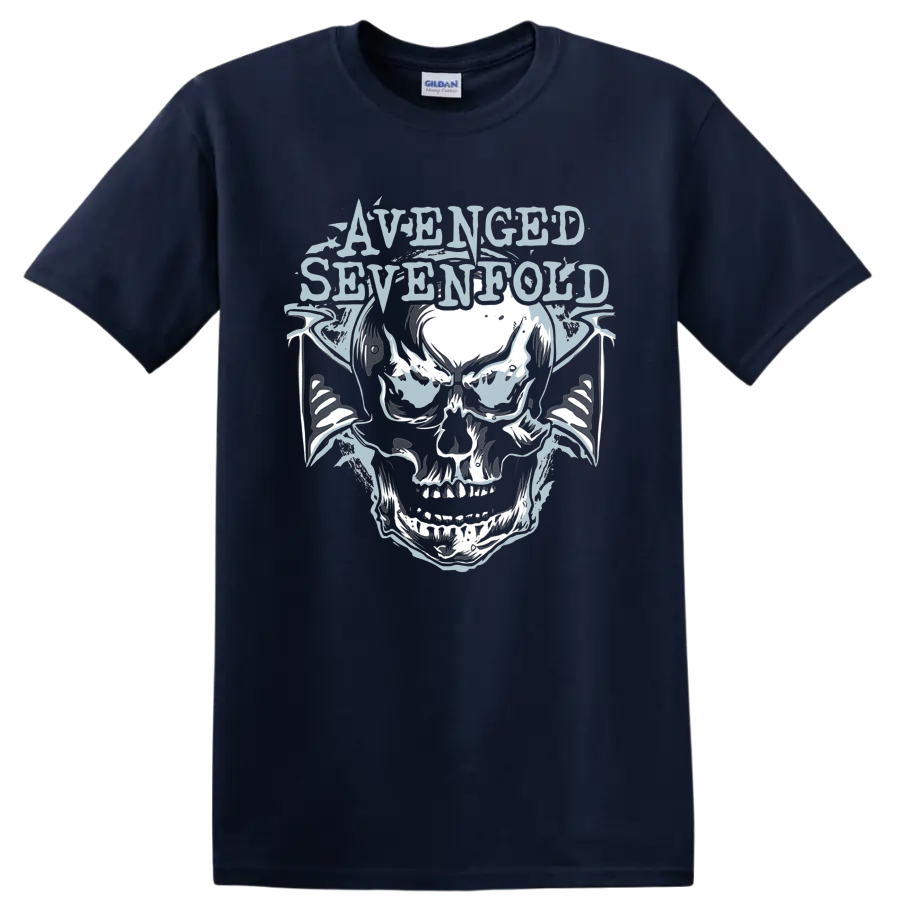 Avenged Sevenfold Deathbat skull with bat wings in distressed metal graphic style on a Navy (Blue) T Shirt