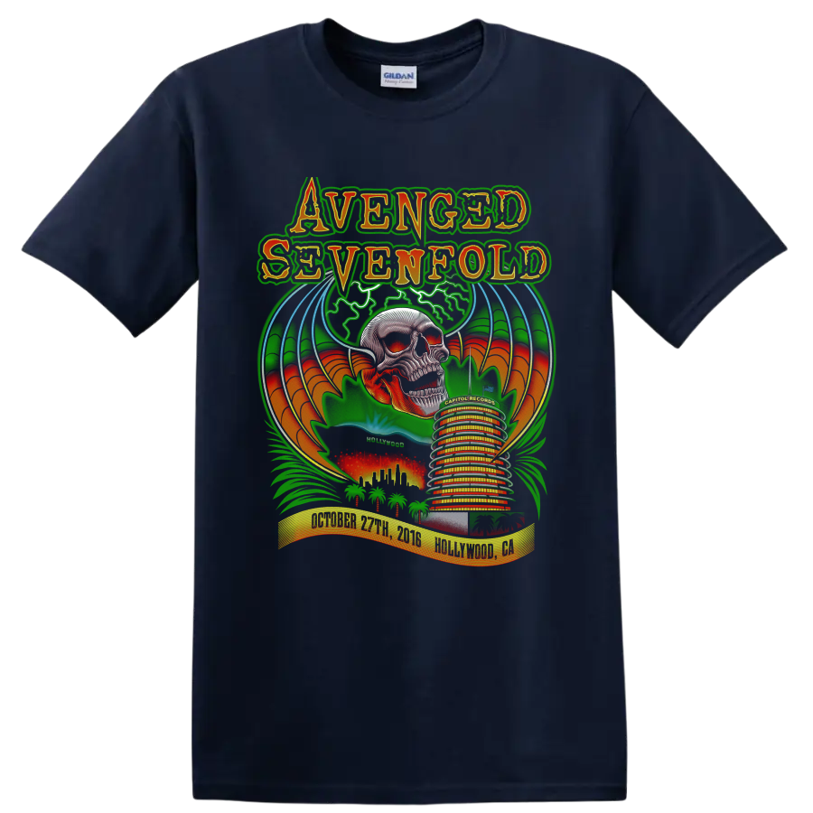 Avenged Sevenfold Hollywood skull concert poster graphic with bats, palms, and Capitol on a Navy (Blue) T Shirt