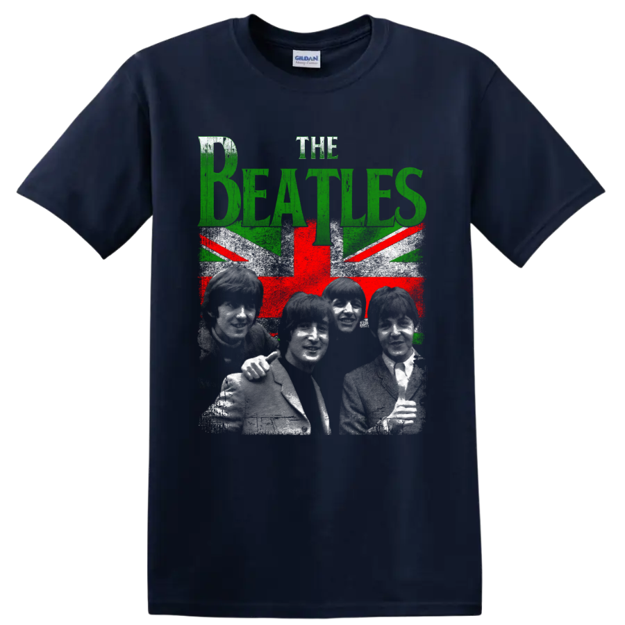 The Beatles portraits with distressed green lettering and Union Jack-inspired graphic on a Navy (Blue) T Shirt