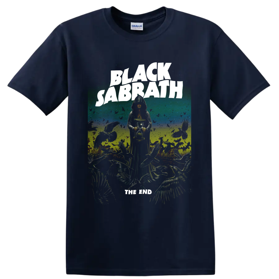 Black Sabbath The End Tour gothic reaper and hourglass graphic print on a Navy (Blue) T Shirt
