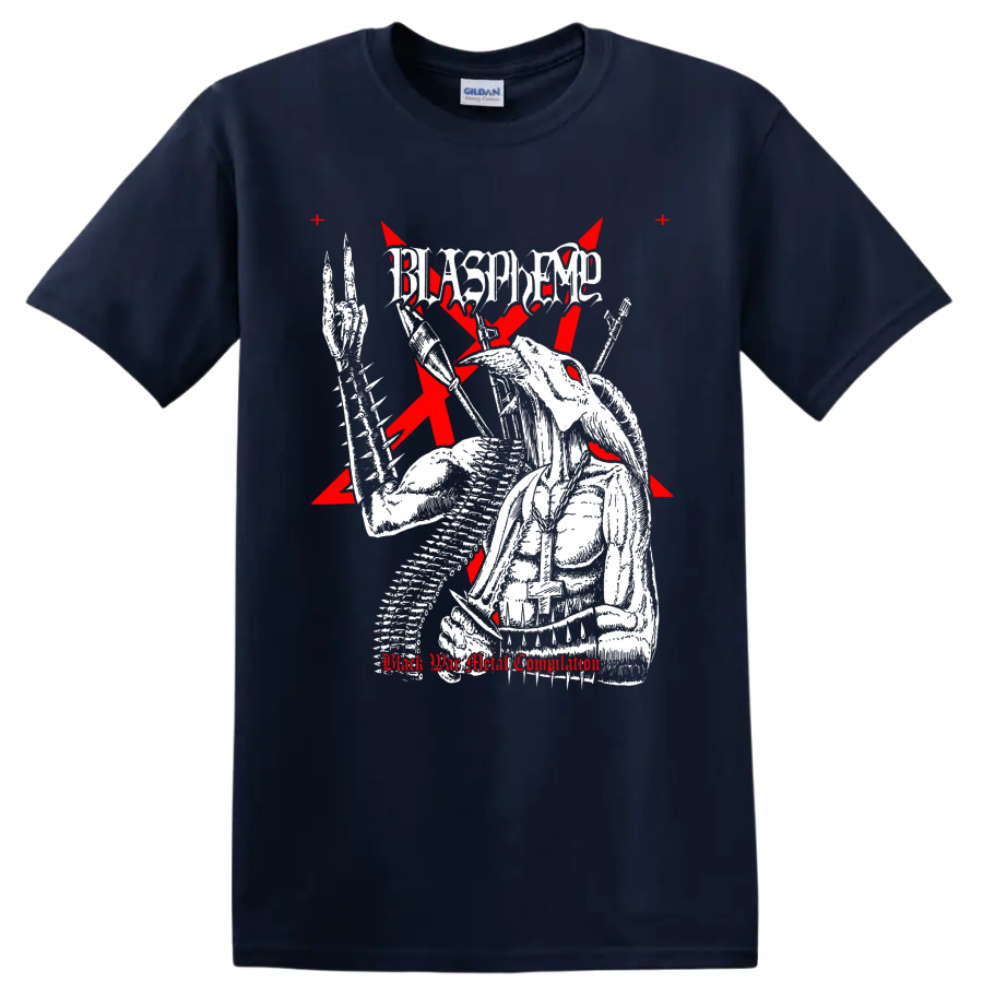 Blasphemy skeletal armored warrior graphic with red crosses and distressed logo on a Navy (Blue) T Shirt