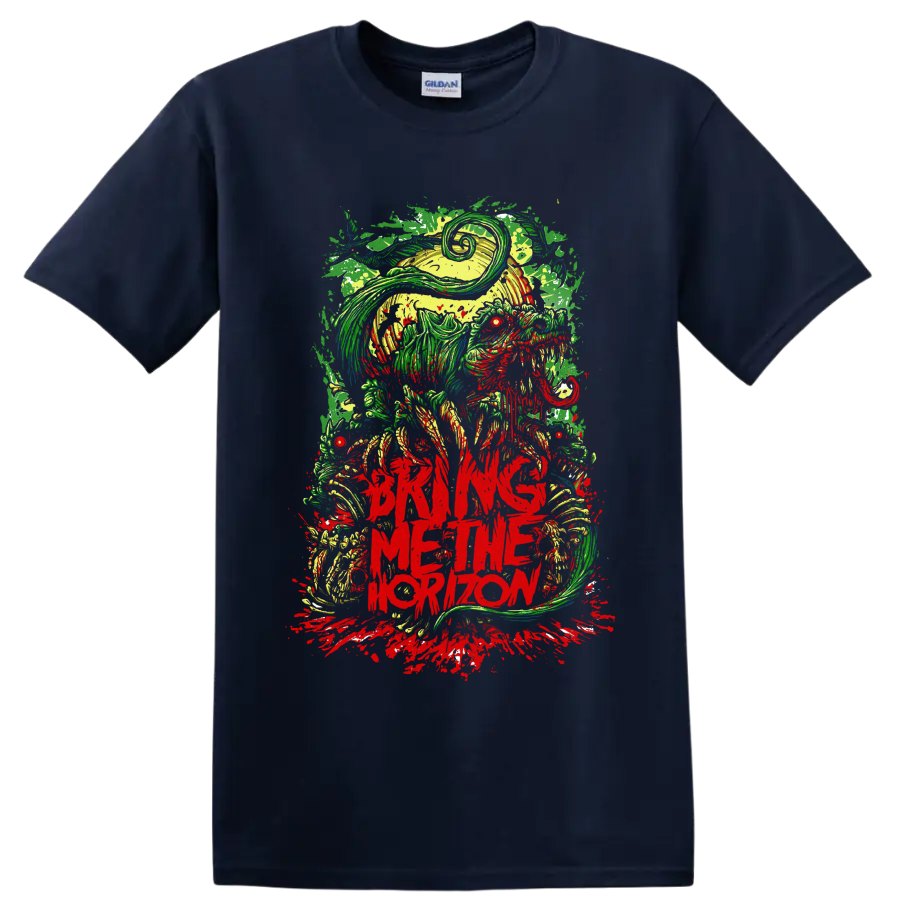 Bring Me the Horizon neon hooded skull horror graphic with red splatter on a Navy (Blue) T Shirt