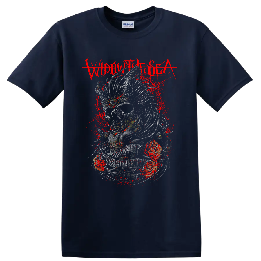 Widow the Sea skull and roses graphic with distressed red splatter on a Navy (Blue) T Shirt
