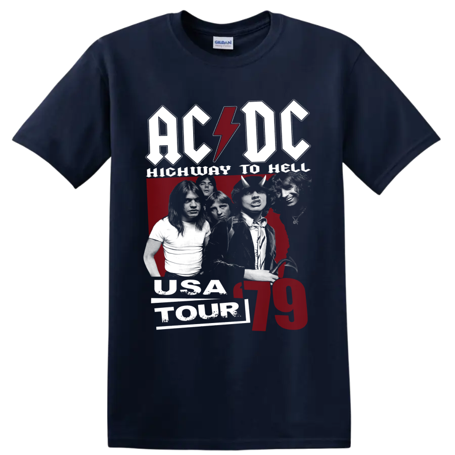 AC/DC Highway to Hell USA Tour 79 band photo collage with lightning-bolt logo on a Navy (Blue) T Shirt