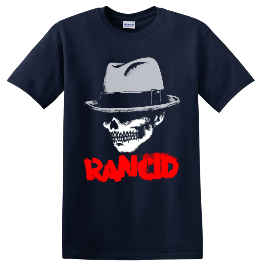 Rancid skull and raised boot graphic with distressed red wordmark on a Navy (Blue) T Shirt