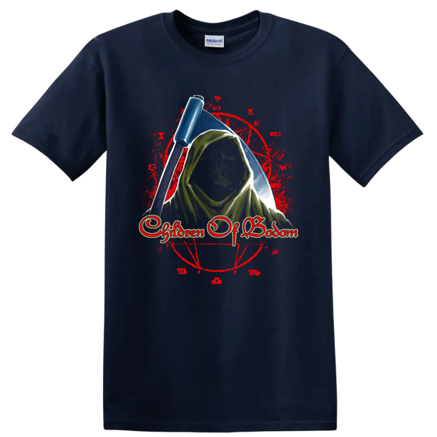 Children of Bodom Roy reaper mascot with blue scythe and distressed red circle on a Navy (Blue) T Shirt