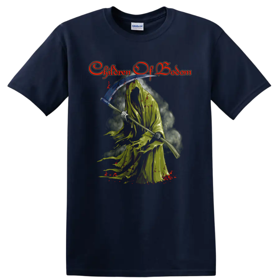 Children of Bodom logo above a distressed hooded reaper holding a scythe on a Navy (Blue) T Shirt