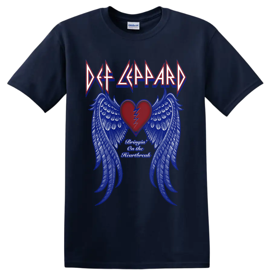 Def Leppard Bringin' on the Heartbreak broken heart and blue wing graphic on a Navy (Blue) T Shirt