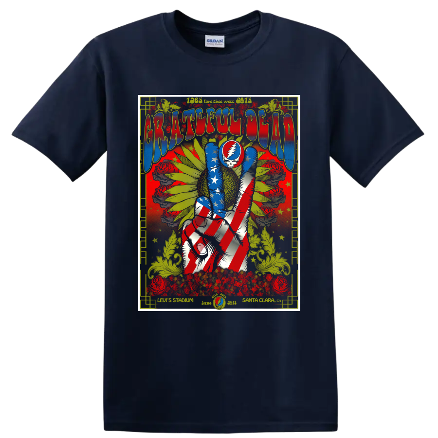 Grateful Dead Fare Thee Well psychedelic poster with lightning-bolt skull and dancing on a Navy (Blue) T Shirt