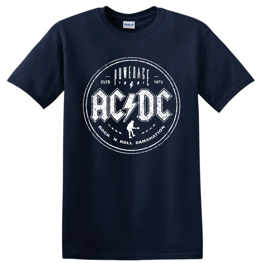 AC/DC Rock 'N' Roll Damnation distressed circular logo with lightning bolts on a Navy (Blue) T Shirt