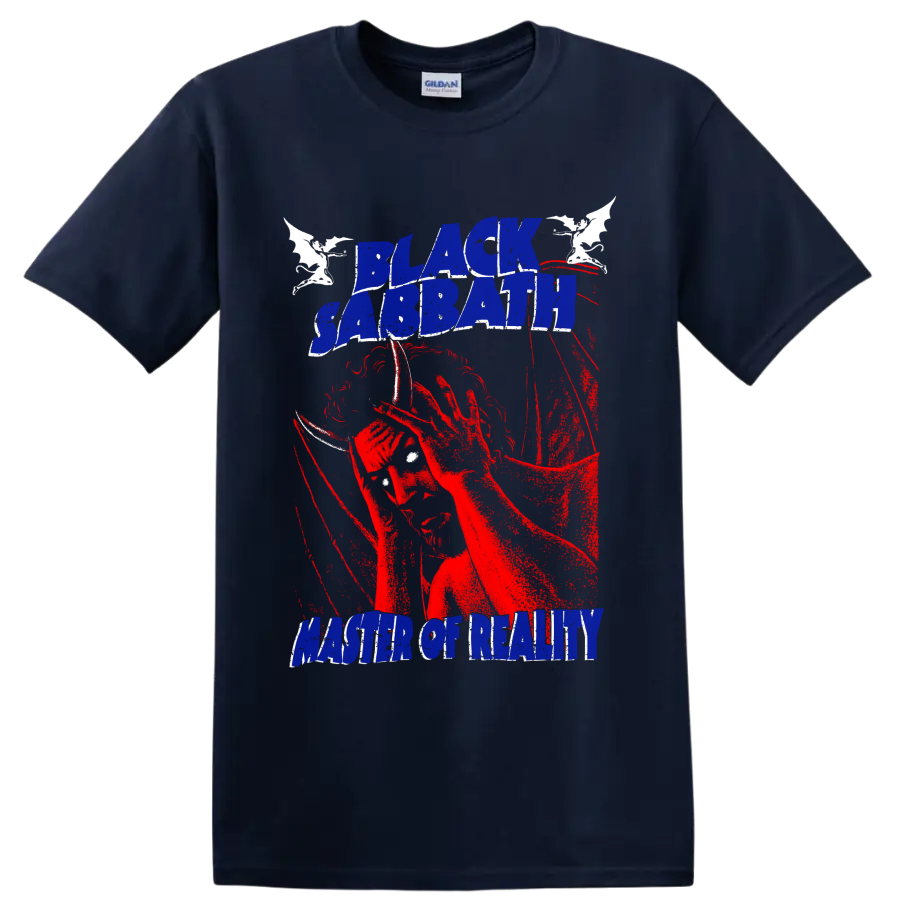 Black Sabbath Master of Reality distressed lettering with red guitarist and bats on a Navy (Blue) T Shirt