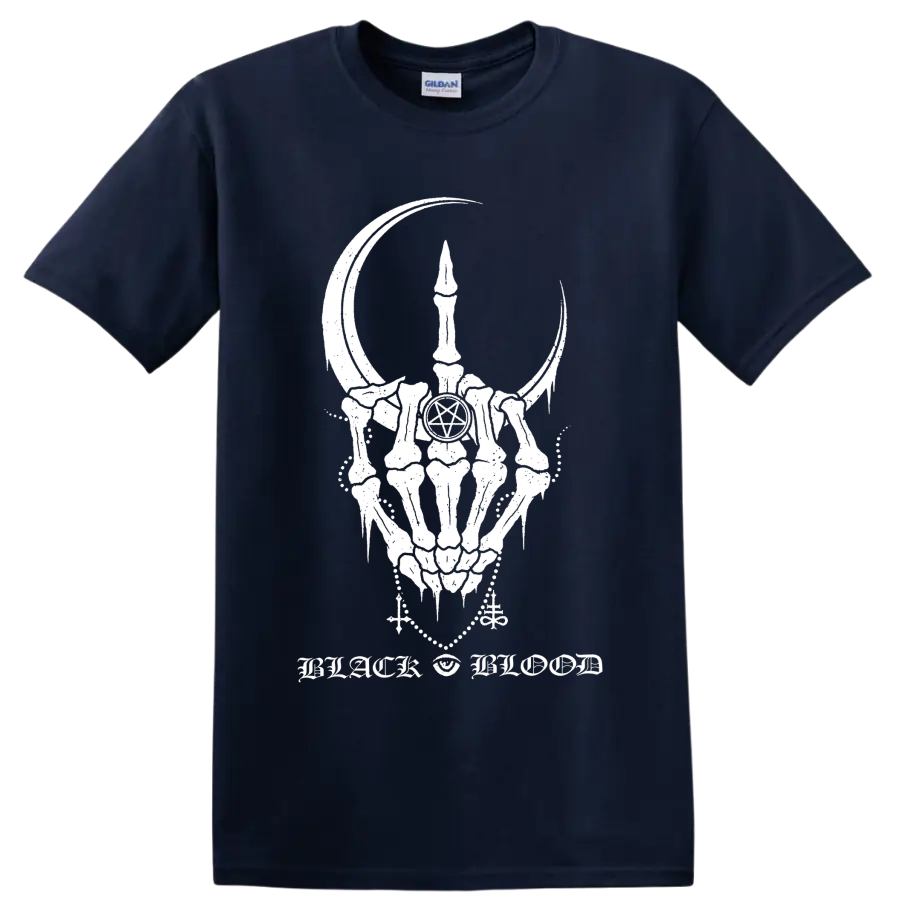 Corrosion of Conformity Black Blood horned skull, pentagram, and crescent gothic graphic on a Navy (Blue) T Shirt