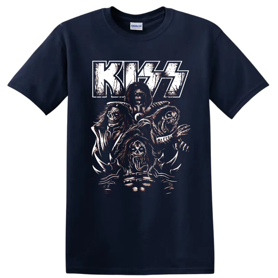 KISS logo with four distressed skull-faced rock figures and red splatter art on a Navy (Blue) T Shirt