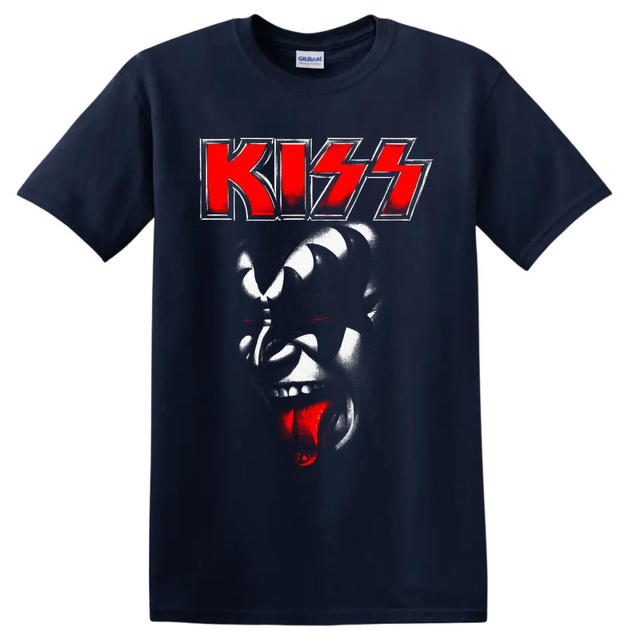 KISS red logo above distressed Demon face with red eyes and tongue graphic on a Navy (Blue) T Shirt