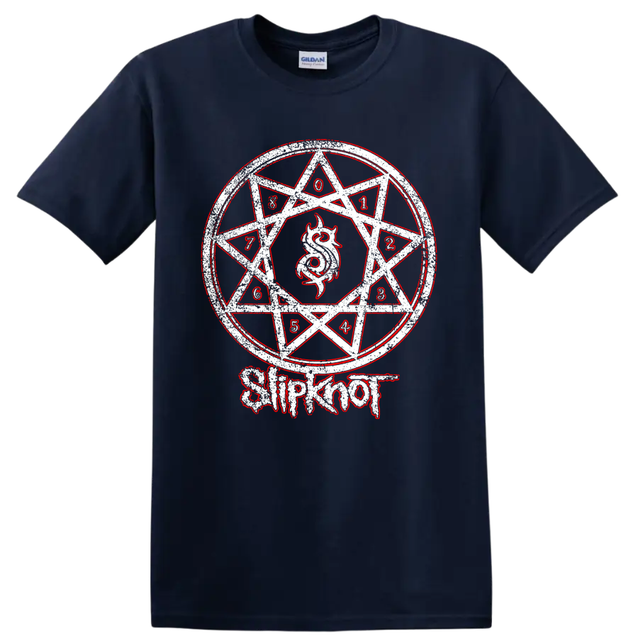Distressed Slipknot numbered nonagram with horned emblem and red-and-white metal art on a Navy (Blue) T Shirt