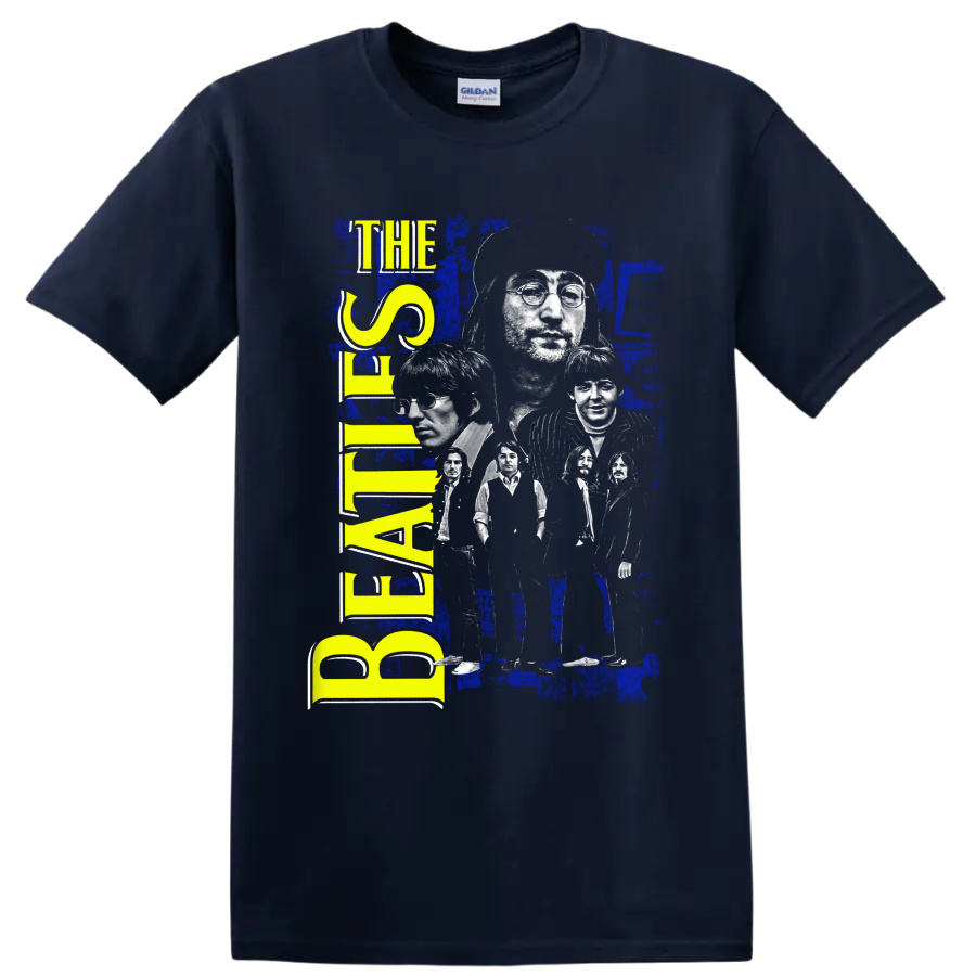 The Beatles distressed blue and yellow portrait collage with vertical band lettering on a Navy (Blue) T Shirt