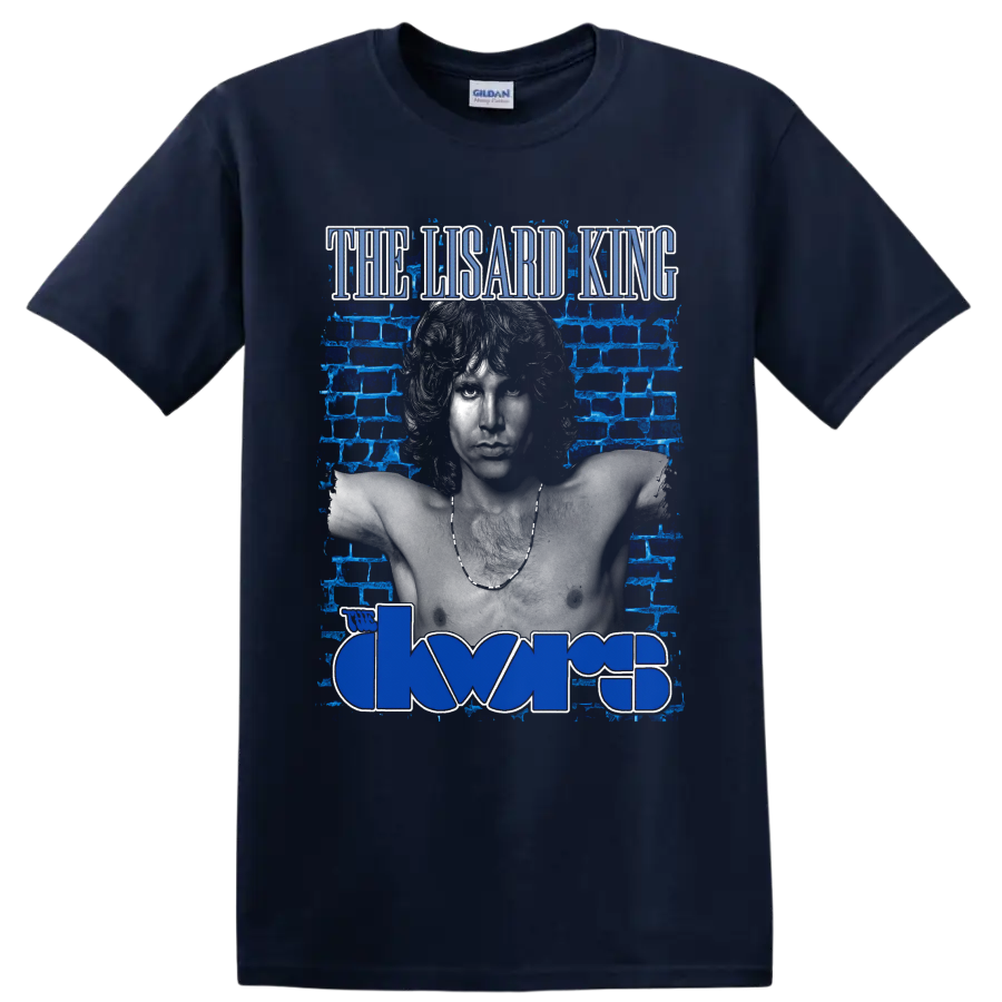 Jim Morrison The Lizard King portrait with The Doors logo and blue brick wall on a Navy (Blue) T Shirt