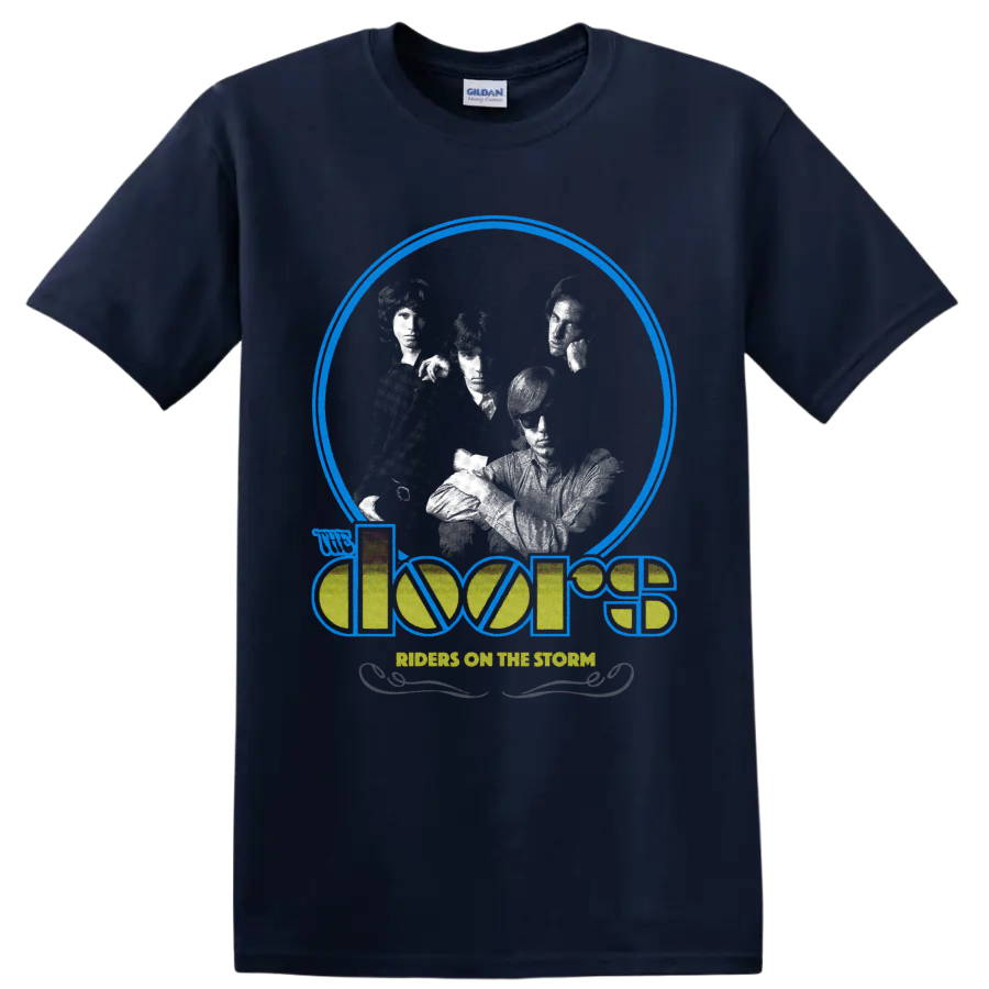 The Doors Riders on the Storm retro graphic with grayscale band portraits and logo on a Navy (Blue) T Shirt