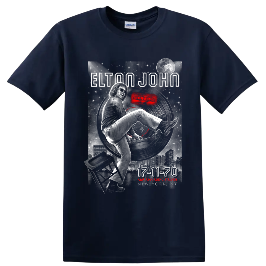 Elton John 17-11-70 vintage poster graphic with piano, moon, skyline, and red accents on a Navy (Blue) T Shirt