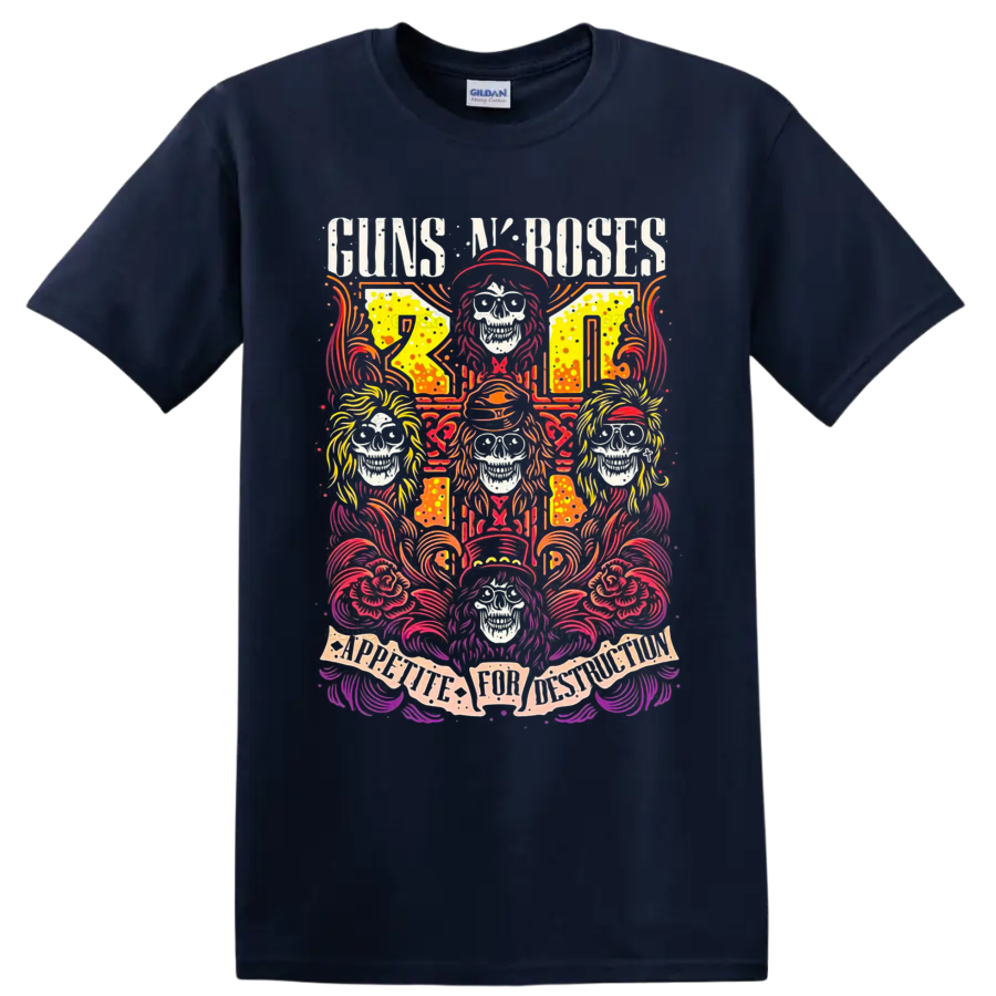 Guns N' Roses Appetite for Destruction skull and roses psychedelic rock art on a Navy (Blue) T Shirt