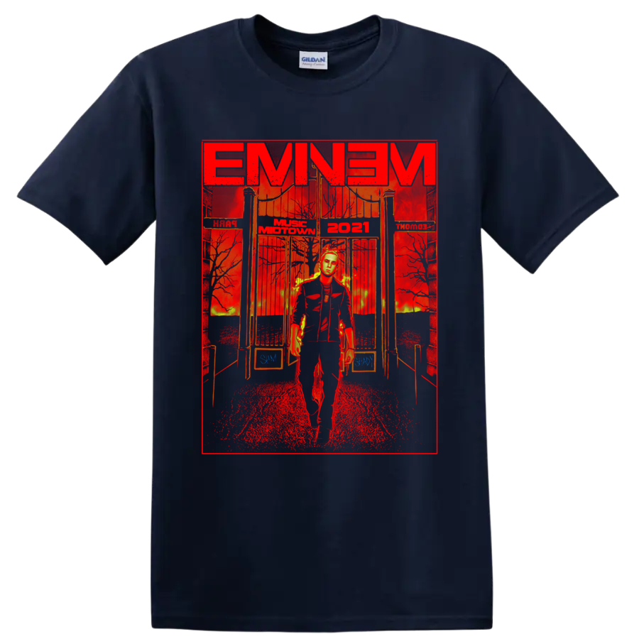 Eminem in a dramatic red and gold Music Midtown 2021 festival performance graphic on a Navy (Blue) T Shirt