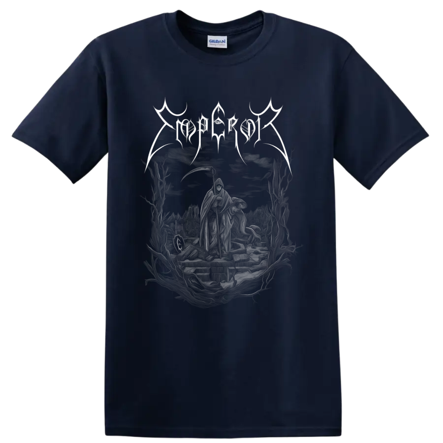 Emperor gothic logo above hooded figures in a dark black metal fantasy landscape on a Navy (Blue) T Shirt