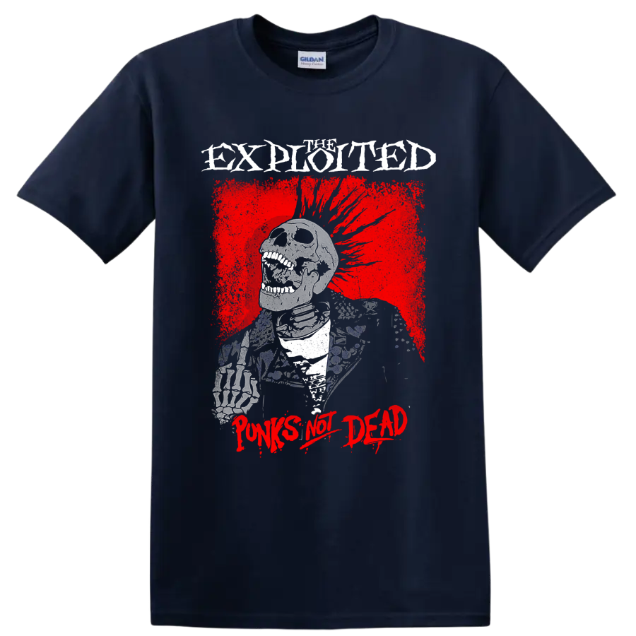 The Exploited Punks Not Dead skeletal punk graphic with distressed red artwork on a Navy (Blue) T Shirt