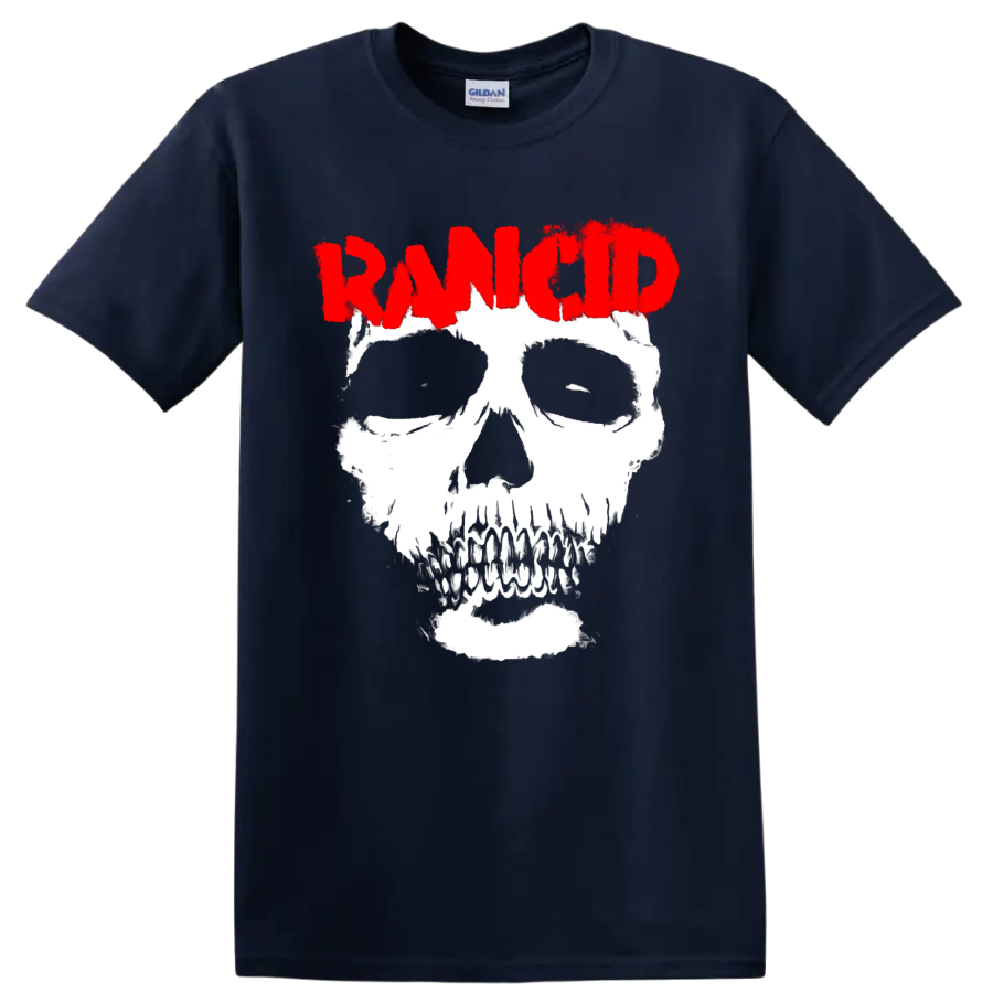 Rancid distressed red logo above a bold white skull punk graphic on a Navy (Blue) T Shirt