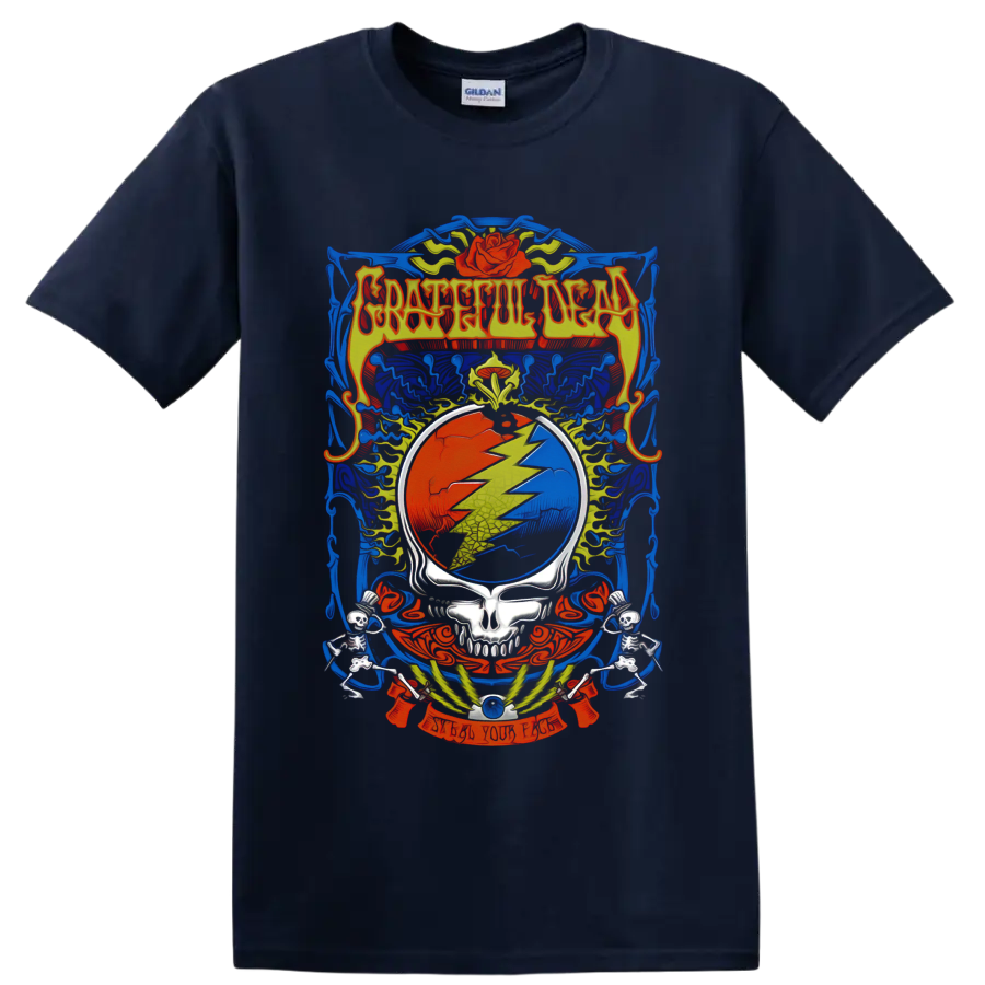Grateful Dead Steal Your Face skull lightning bolt with roses, wings, and skeletons on a Navy (Blue) T Shirt
