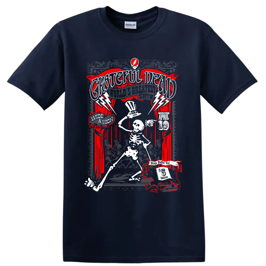 Grateful Dead World's Greatest Show skeleton and lightning concert poster graphic on a Navy (Blue) T Shirt