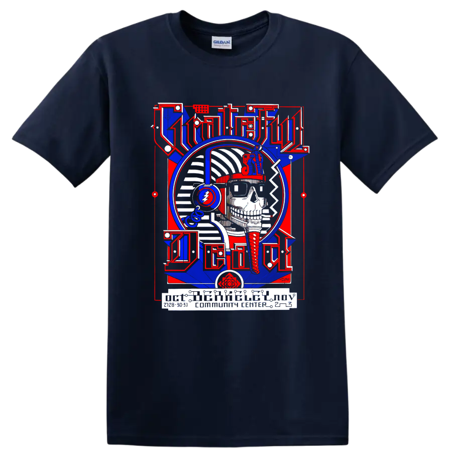 Grateful Dead Pharaoh skull poster with headphones and lightning bolt emblem on a Navy (Blue) T Shirt